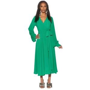 Meghan LA LilyPad V neck Self Tie Wrap Midi Dress Emerald Green Size Small